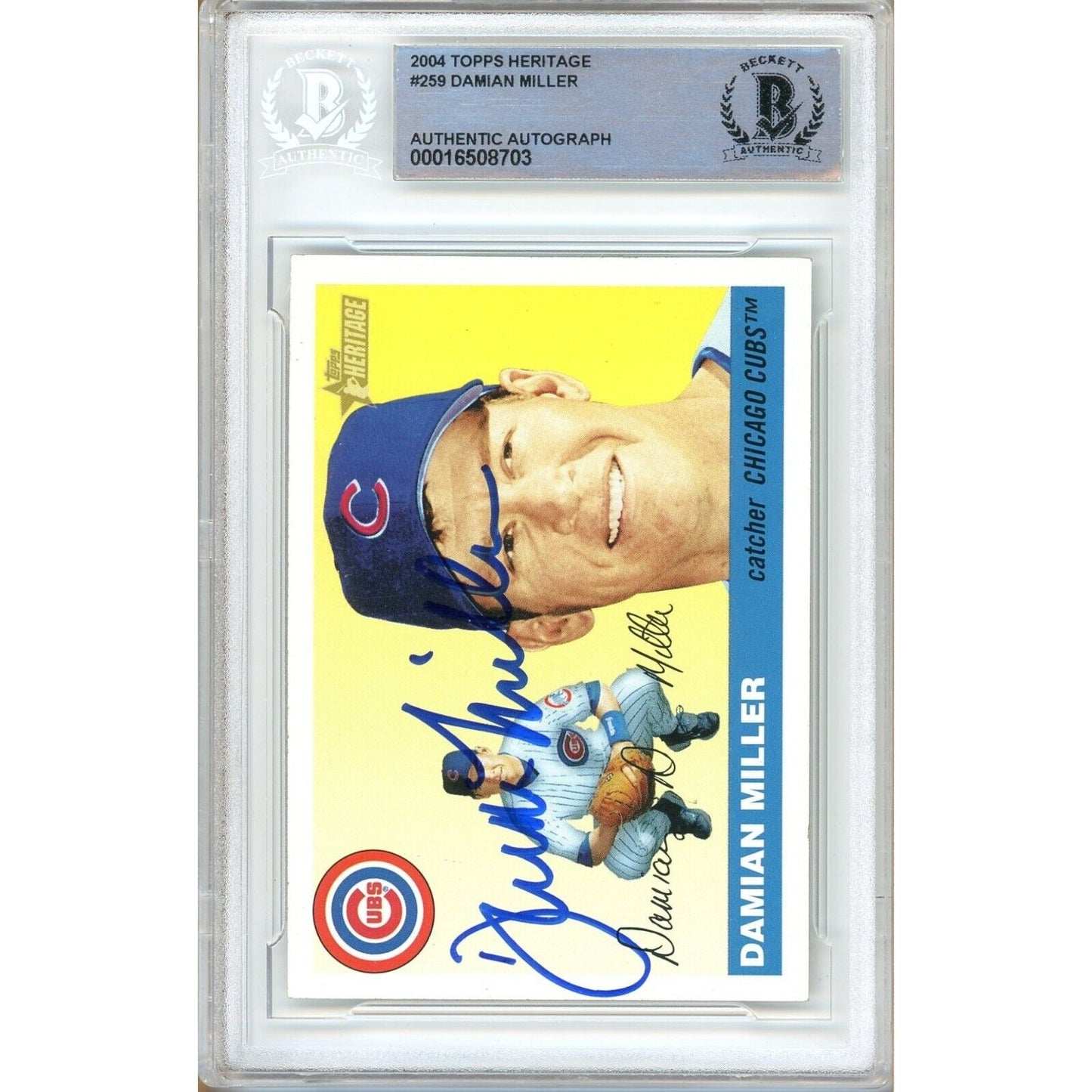 Baseballs- Autographed- Damian Miller Chicago Cubs Signed 2004 Topps Heritage Baseball Card Beckett Authenticated Auto Slab Front