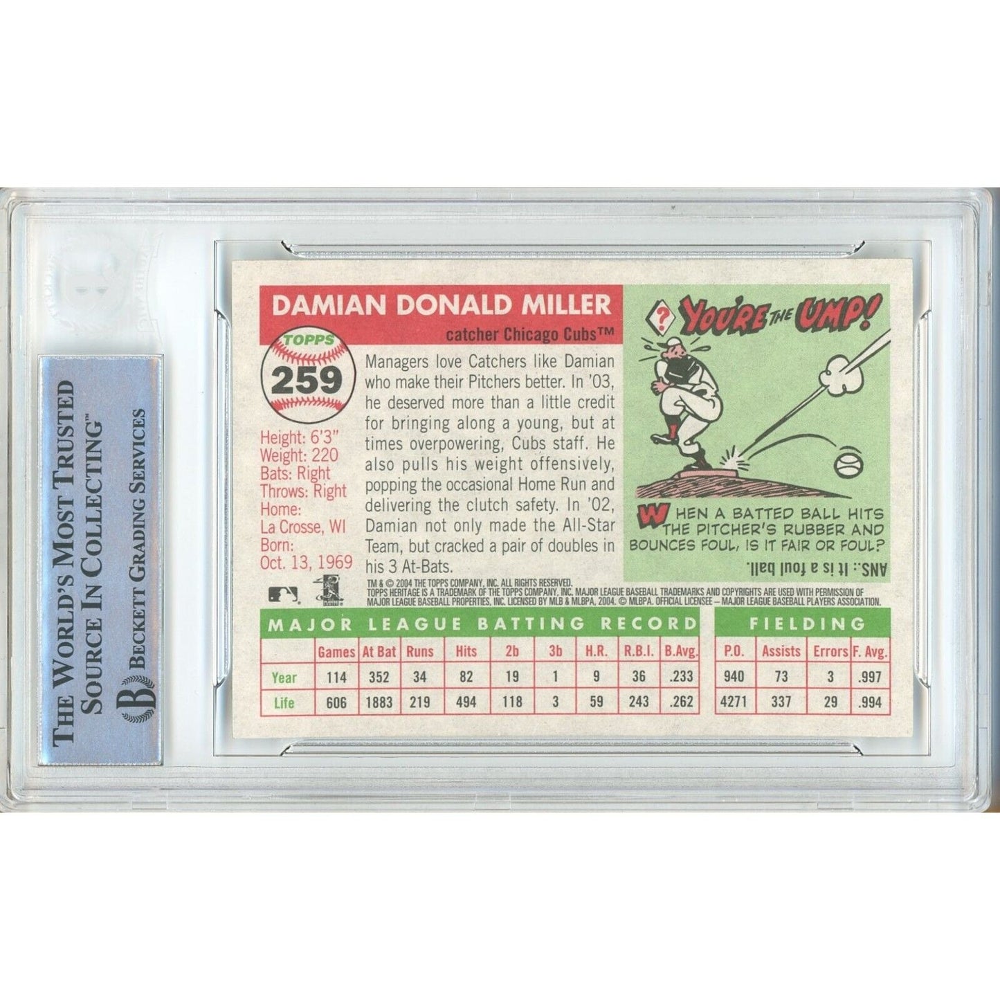 Baseballs- Autographed- Damian Miller Chicago Cubs Signed 2004 Topps Heritage Baseball Card Beckett Authentic Auto Slab Back