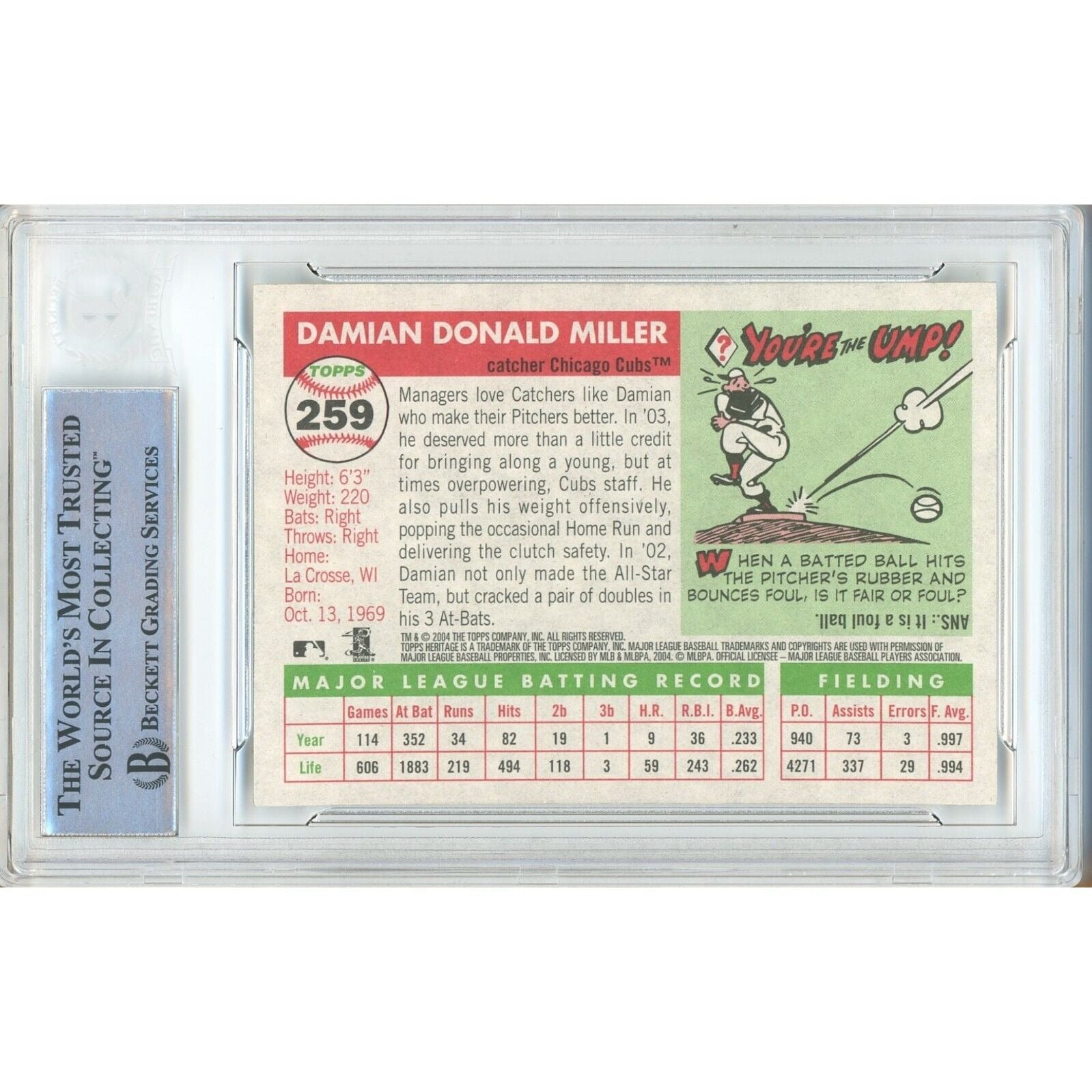 2004 Topps #259 Damian Miller Chicago Cubs Autograph Trading Card – Beckett BAS