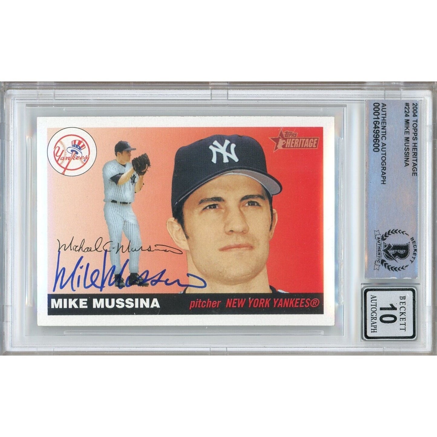 Baseballs- Autographed- Mike Mussina New York Yankees Signed 2004 Topps Heritage Baseball Card Beckett Authentic BGS Auto-10 Graded Slab Front