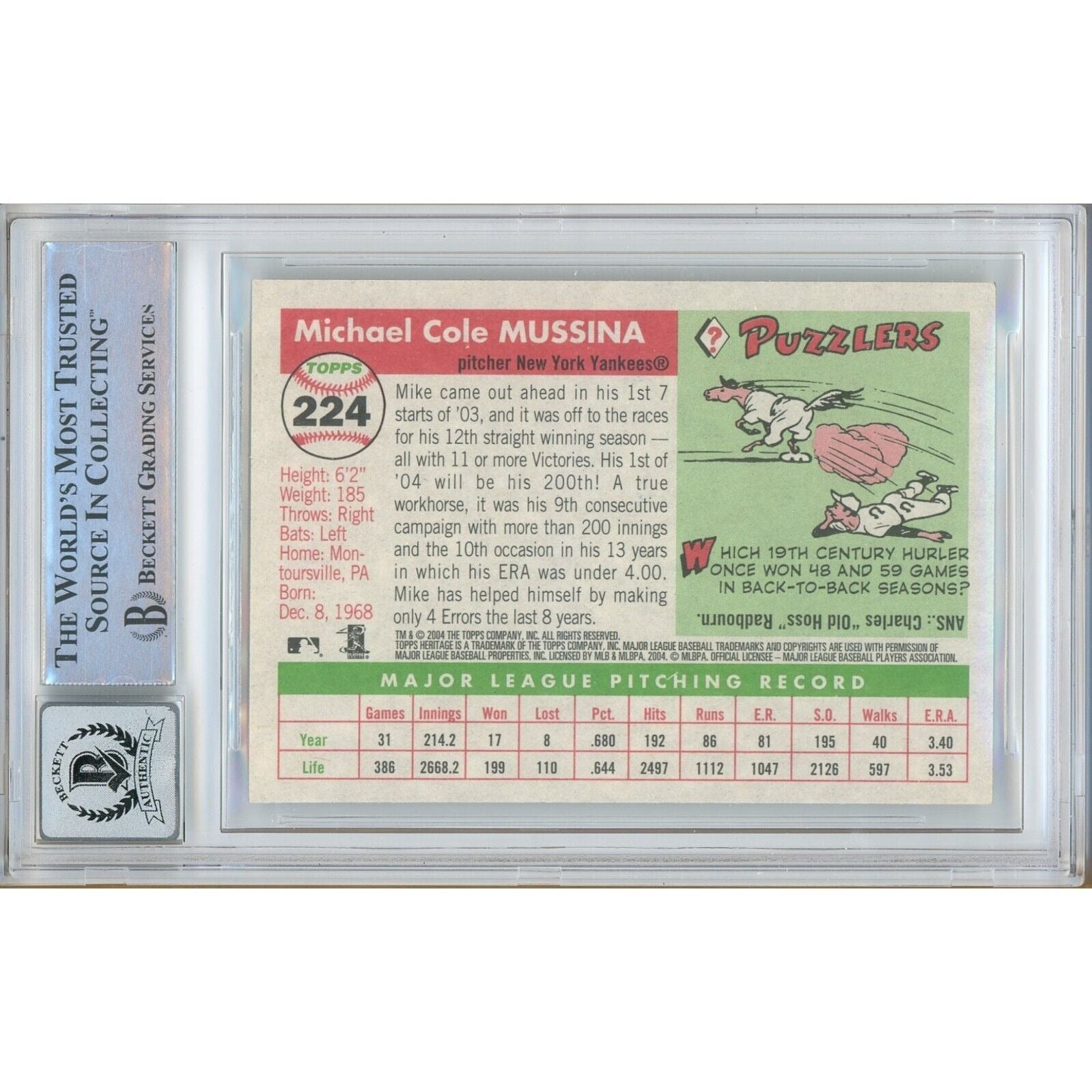 Baseballs- Autographed- Mike Mussina New York Yankees Signed 2004 Topps Heritage Baseball Card Beckett Authentic BGS Auto-10 Graded Slab Back