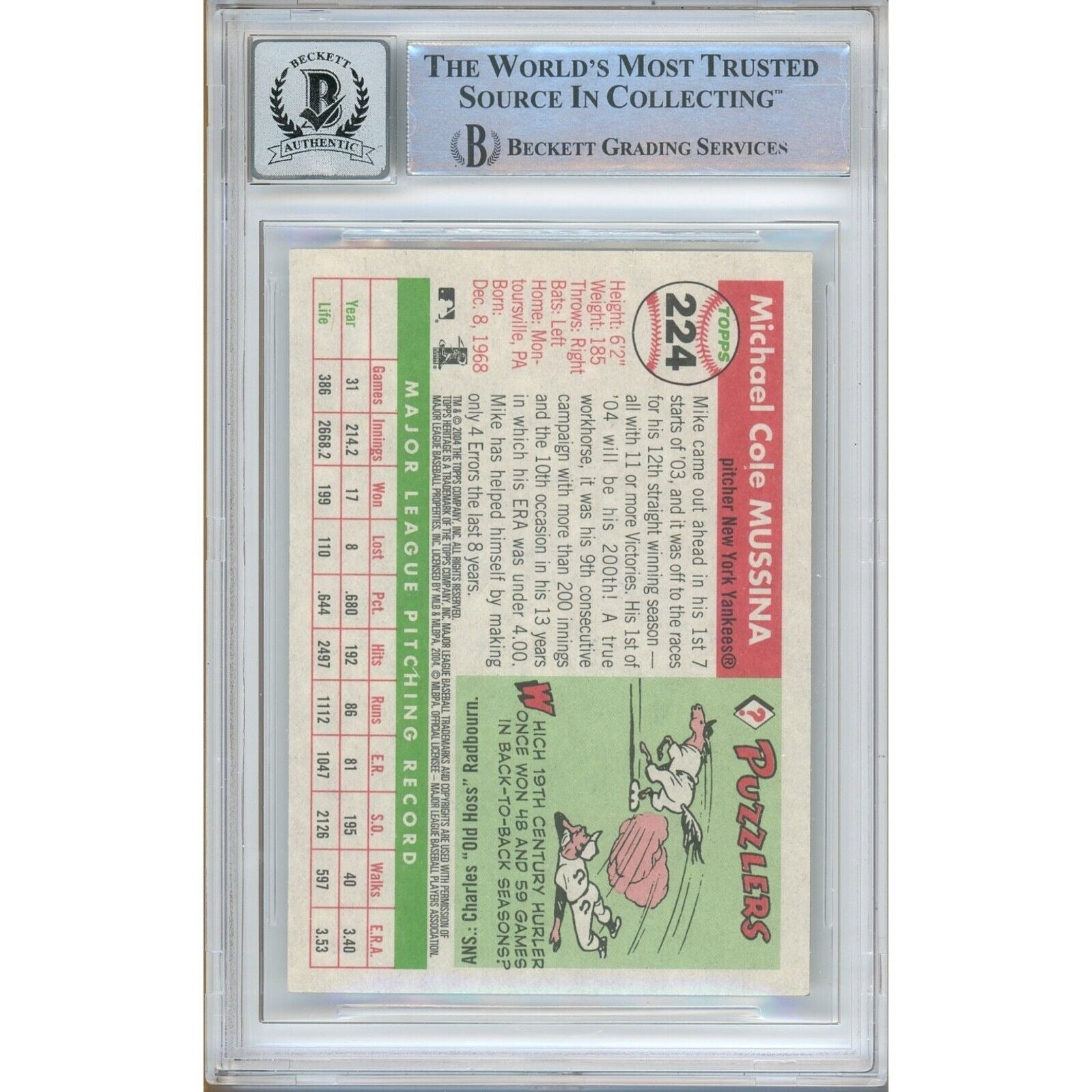 Baseballs- Autographed- Mike Mussina New York Yankees Signed 2004 Topps Heritage Baseball Card Beckett Authenticated BGS Auto-10 Graded Slab Back