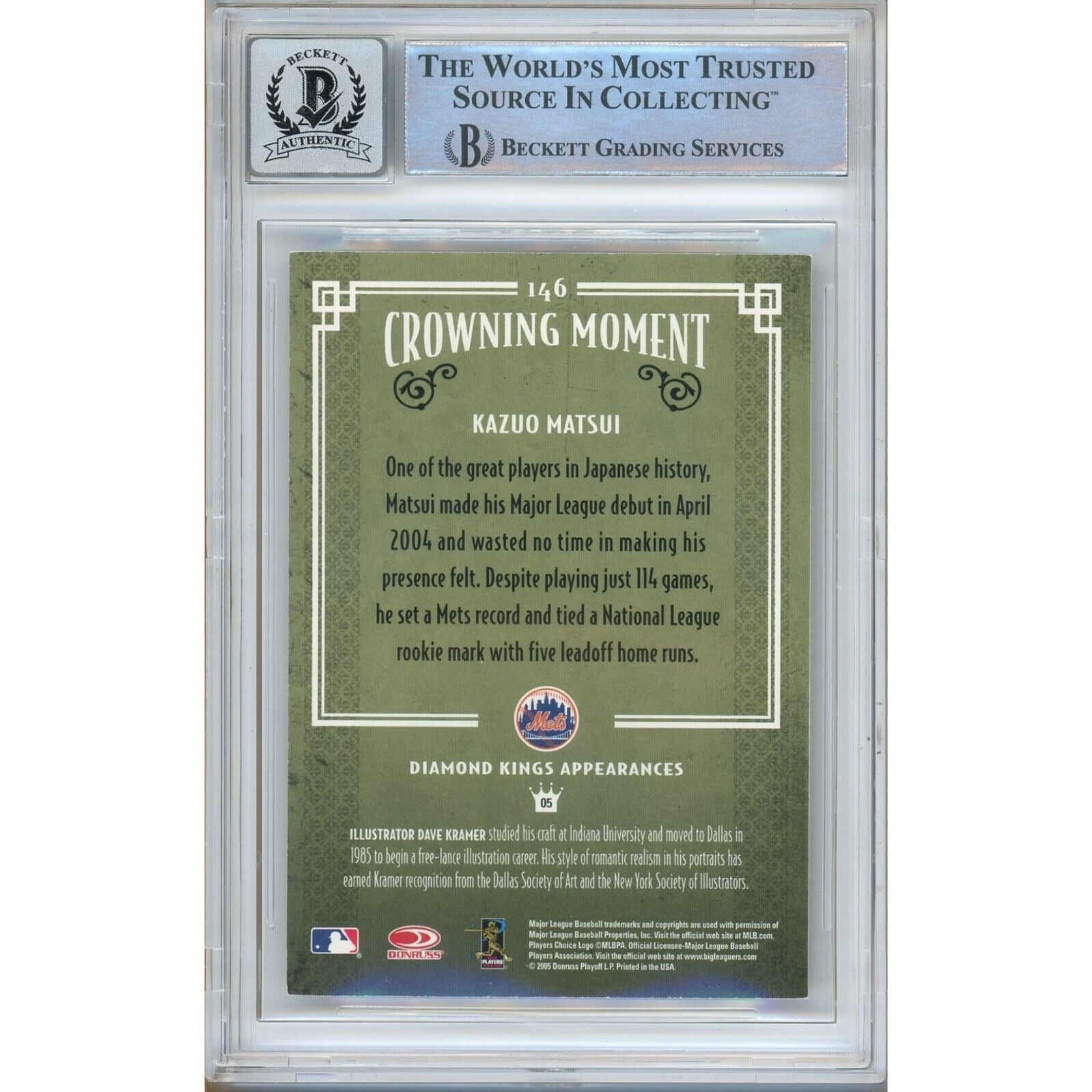 Baseballs- Autographed- Kazuo Matsui New York Mets Signed 2005 Donruss Diamond Kings Baseball Card Beckett Authentic BGS Auto-10 Graded Slab Back