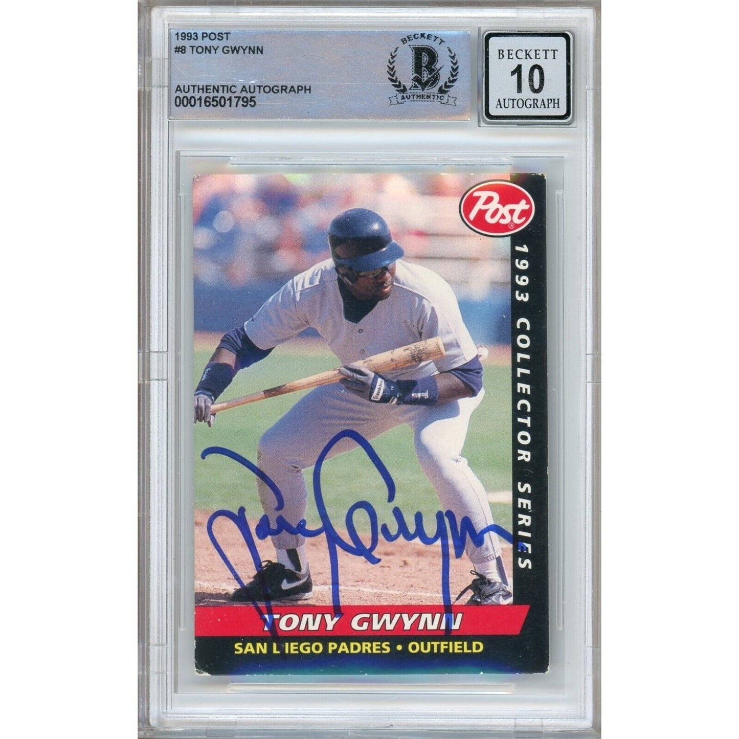 Baseballs- Autographed- Tony Gwynn San Diego Padres Signed 1993 Post Cereal Trading Card Beckett Authentic BGS Auto-10 Graded Slab Front