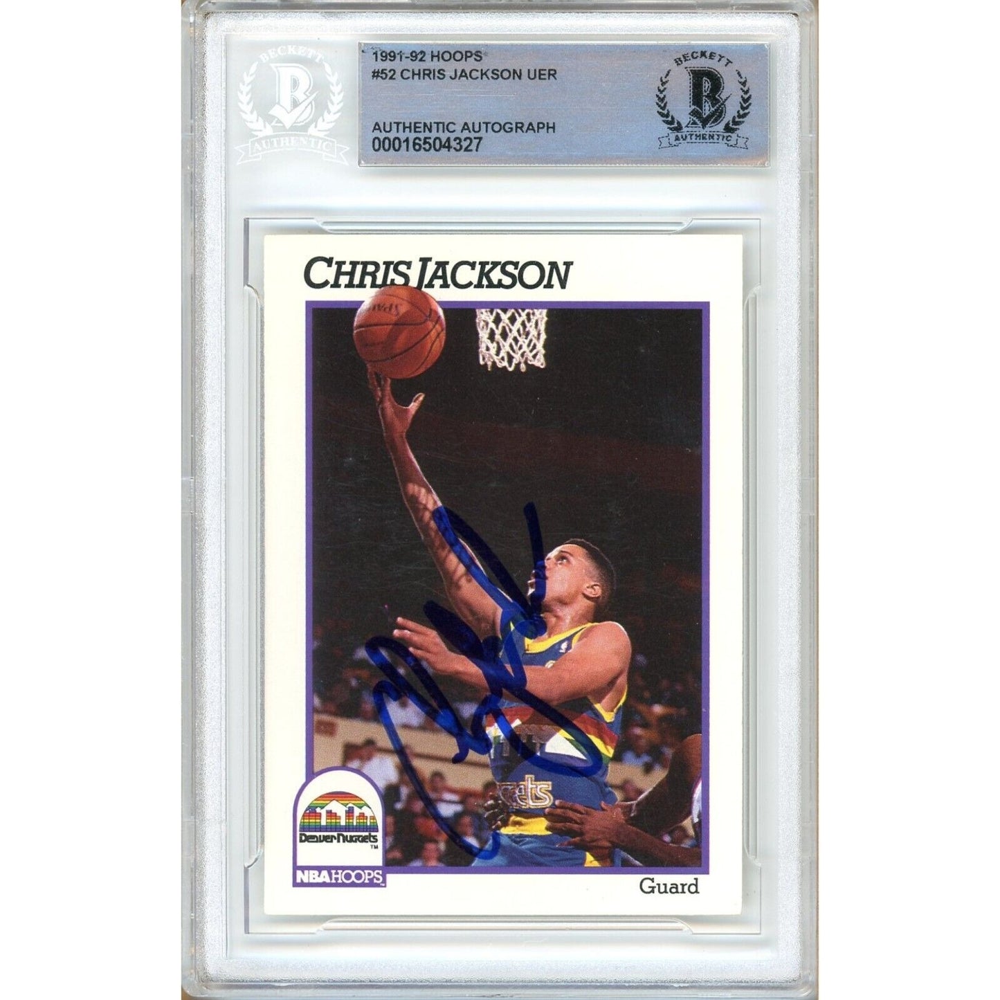 Basketballs- Autographed- Chris Jackson aka Mahmoud Abdul Rauf Denver Nuggets Signed 1991-92 NBA Hoops Basketball Card Beckett Authentic Auto Slab Front