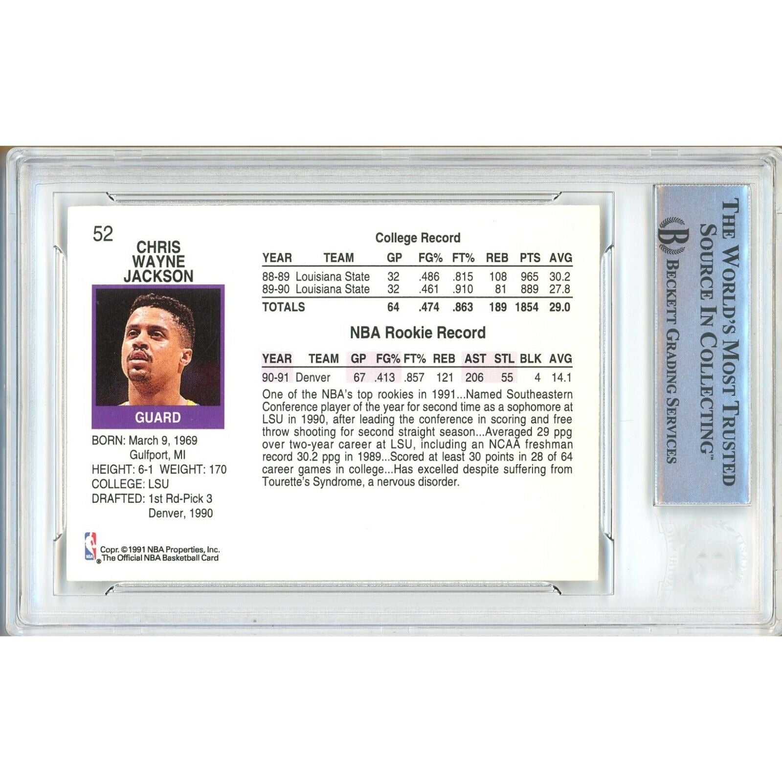 Basketballs- Autographed- Chris Jackson aka Mahmoud Abdul Rauf Denver Nuggets Signed 1991-92 NBA Hoops Basketball Card Beckett Authentic Auto Slab Back