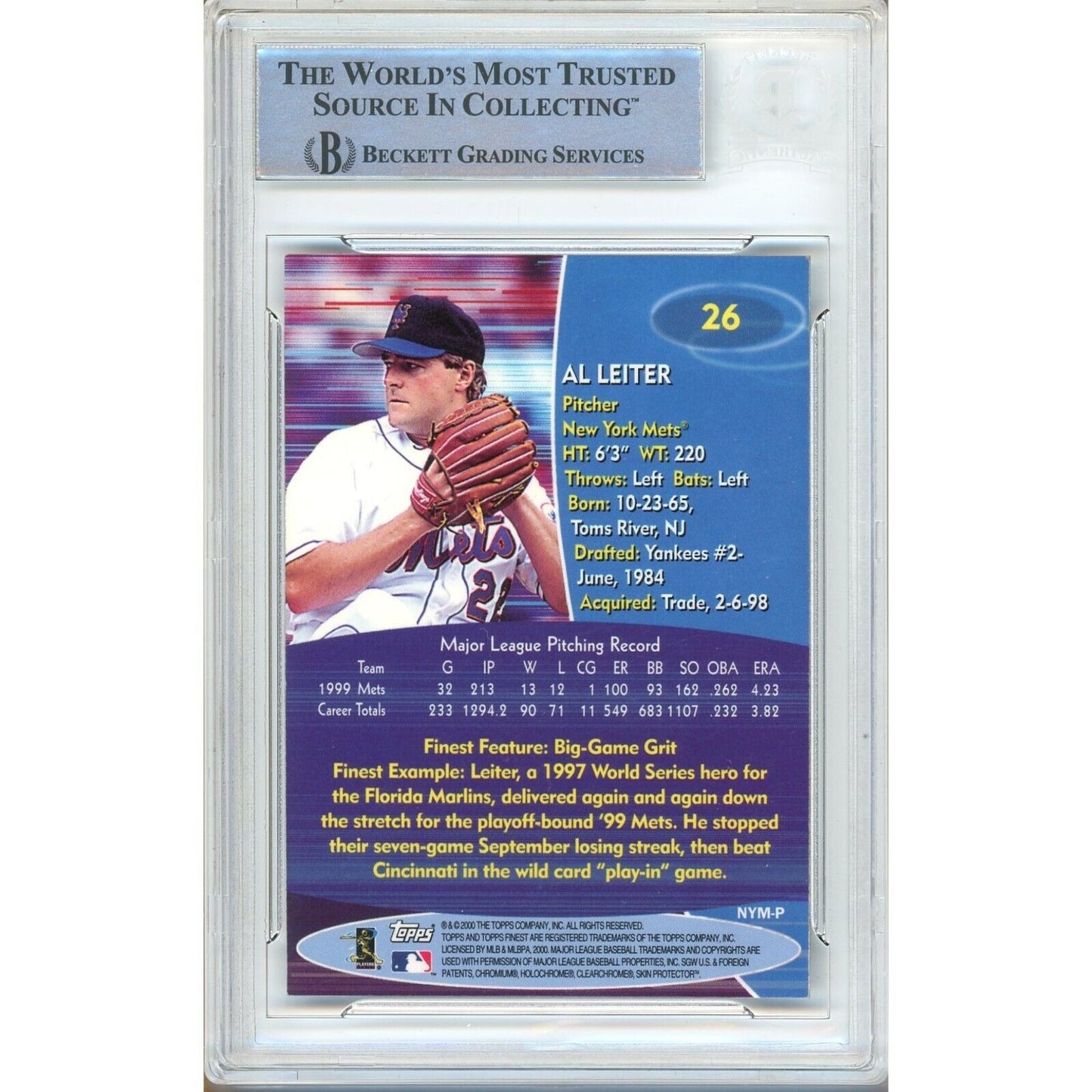 Baseballs- Autographed- Al Leiter New York Mets Signed 2000 Topps Finest Baseball Card Beckett Authentic Auto Slab Back