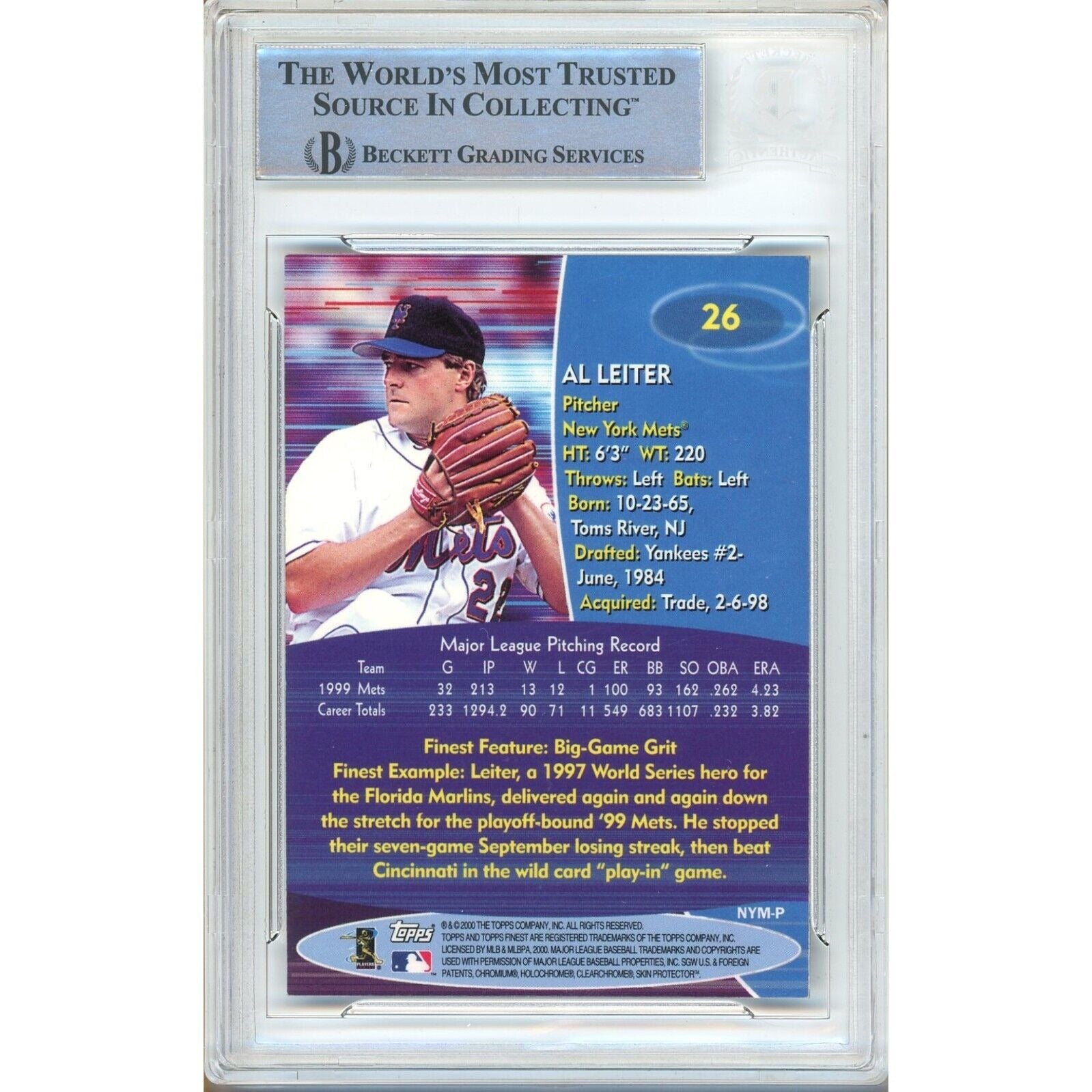 Baseballs- Autographed- Al Leiter New York Mets Signed 2000 Topps Finest Baseball Card Beckett Authentic Auto Slab Back