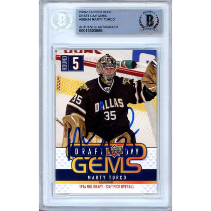 Hockey- Autographed- Marty Turco Dallas Stars Signed 2009-10 Upper Deck Draft Day Gems Hockey Card Beckett Authentic Auto Slab Front