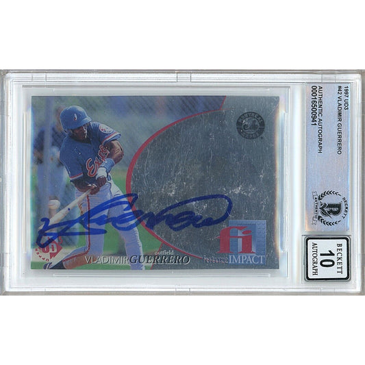 Baseballs- Autographed- Vladimir Guerrero Montreal Expos Signed 1997 Upper Deck UD3 Rookie Trading Card Beckett Authentic BGS Auto-10 Graded Slab Front