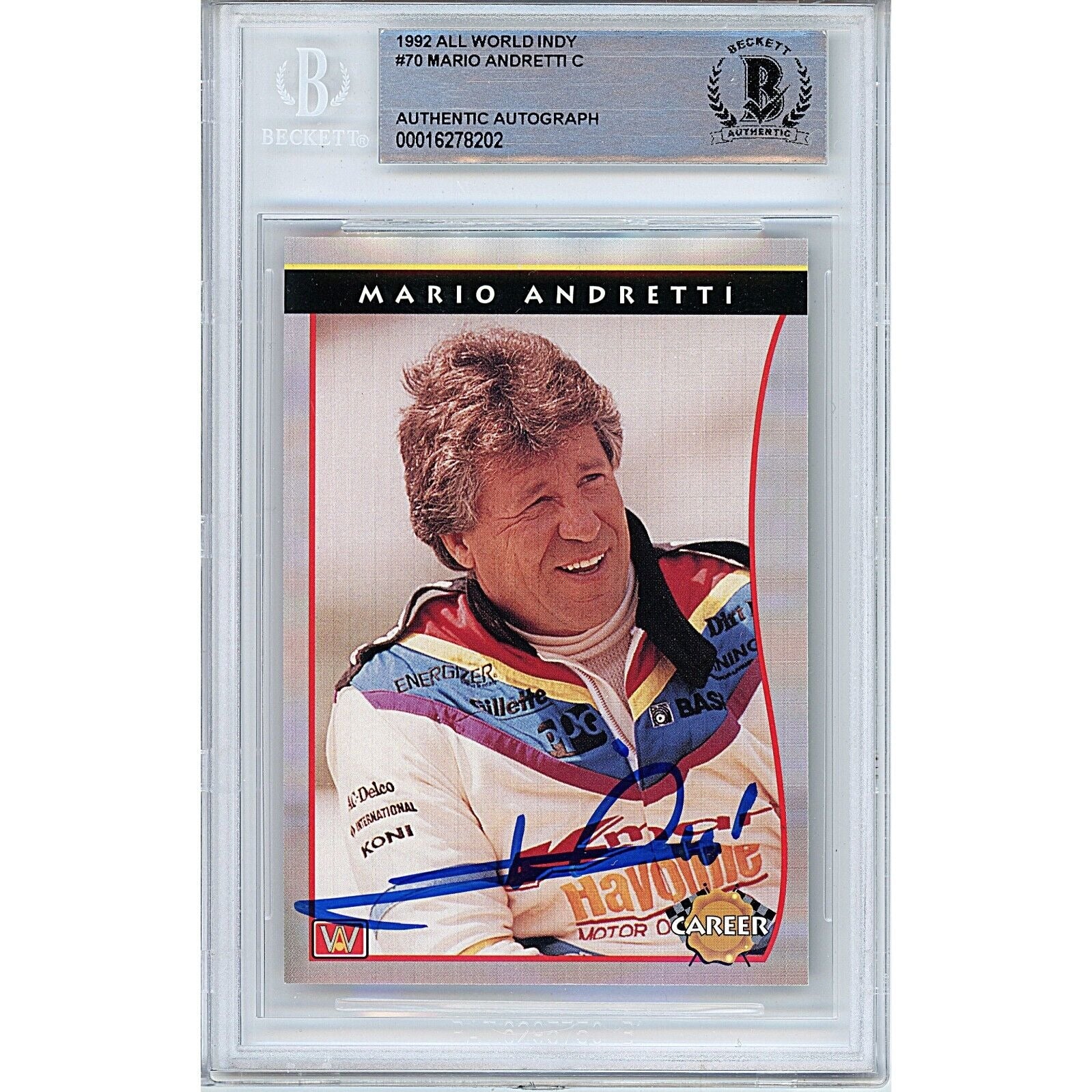 Nascar- Autographed- Mario Andretti Signed 1992 All World Indy Auto Racing Trading Card Beckett Authentic Slab Front