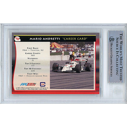 Nascar- Autographed- Mario Andretti Signed 1992 All World Indy Auto Racing Trading Card Beckett Authentic Slab Back