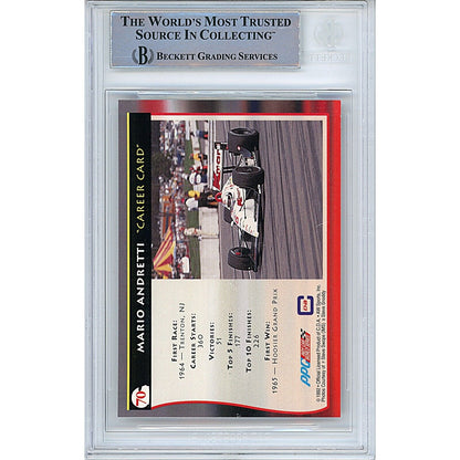 Nascar- Autographed- Mario Andretti Signed 1992 All World Indy Auto Racing Trading Card Beckett Authenticated Slab Back