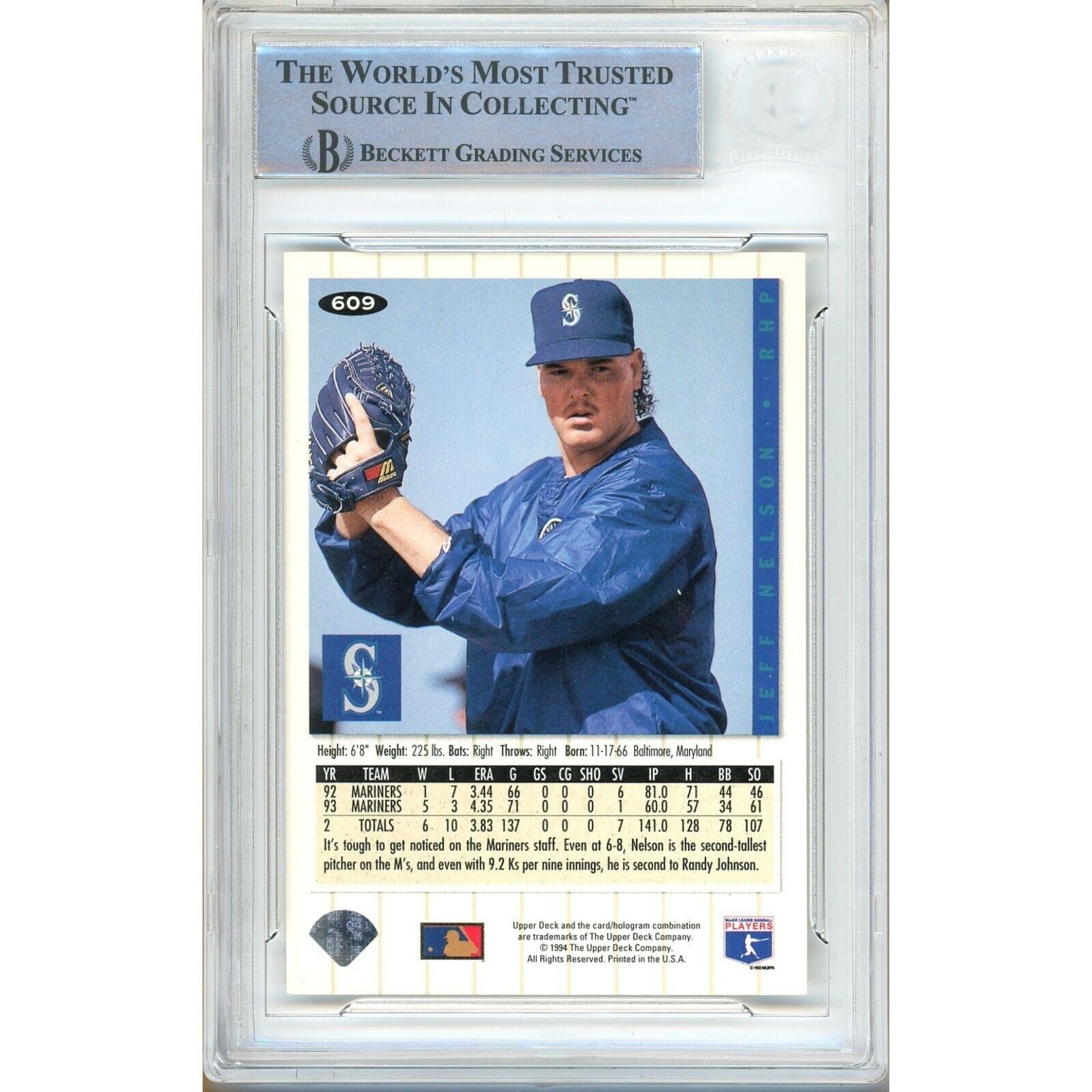 Baseballs- Autographed- Jeff Nelson Seattle Mariners Signed 1994 Upper Deck Collectors Choice Baseball Card Beckett Authentic Auto Slab Back