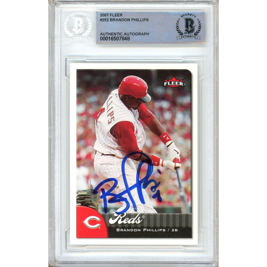 Baseballs- Autographed- Brandon Phillips Cincinnati Reds Signed 2007 Fleer Baseball Card Beckett Authentic Auto Slab Front