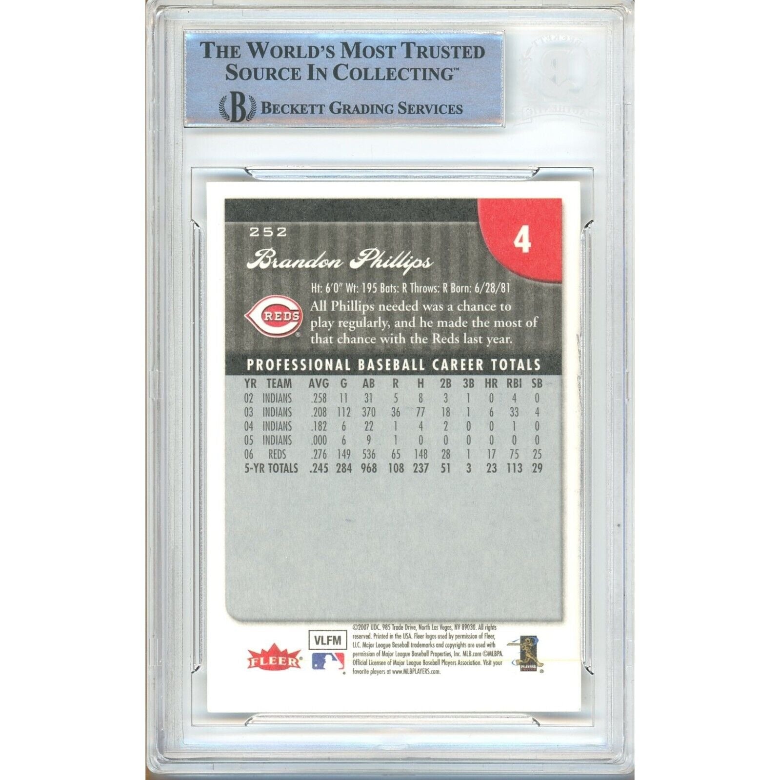 2007 Fleer #252 Brandon Phillips Cincinnati Reds Signed Trading Card – Beckett BAS