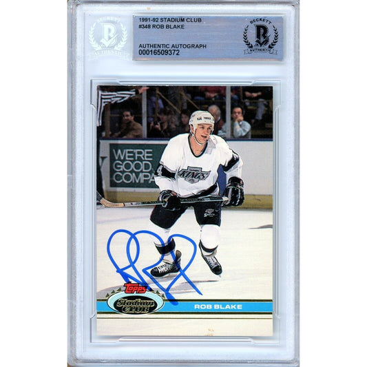 Hockey- Autographed- Rob Blake Los Angeles Kings Signed 1991-92 Stadium Club Trading Card Beckett Authentic Auto Slab Front