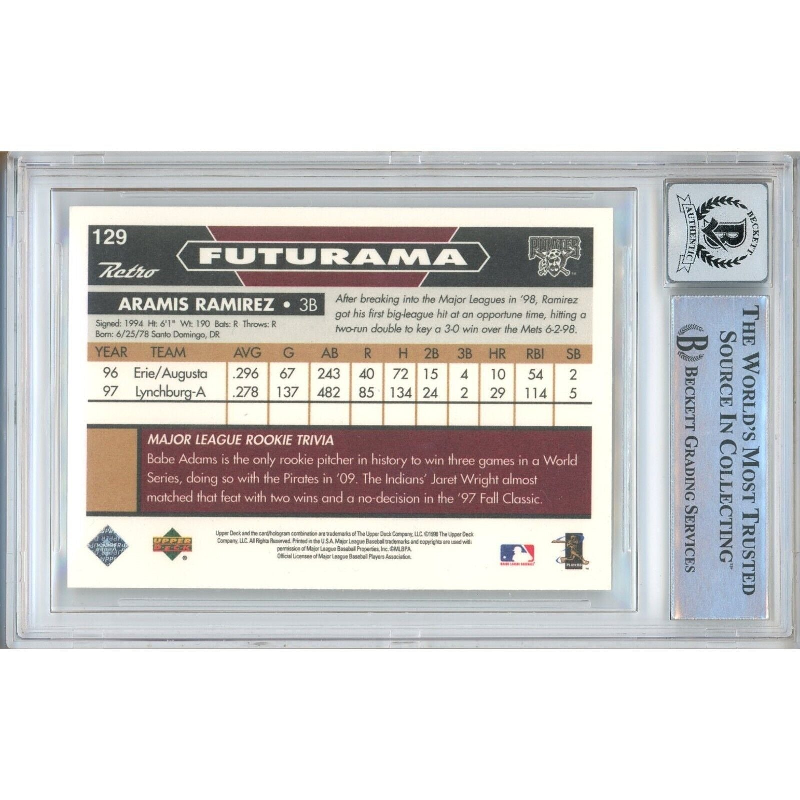 1998 Upper Deck Aramis Ramirez Pittsburgh Pirates Signed Trading Card – Beckett BAS