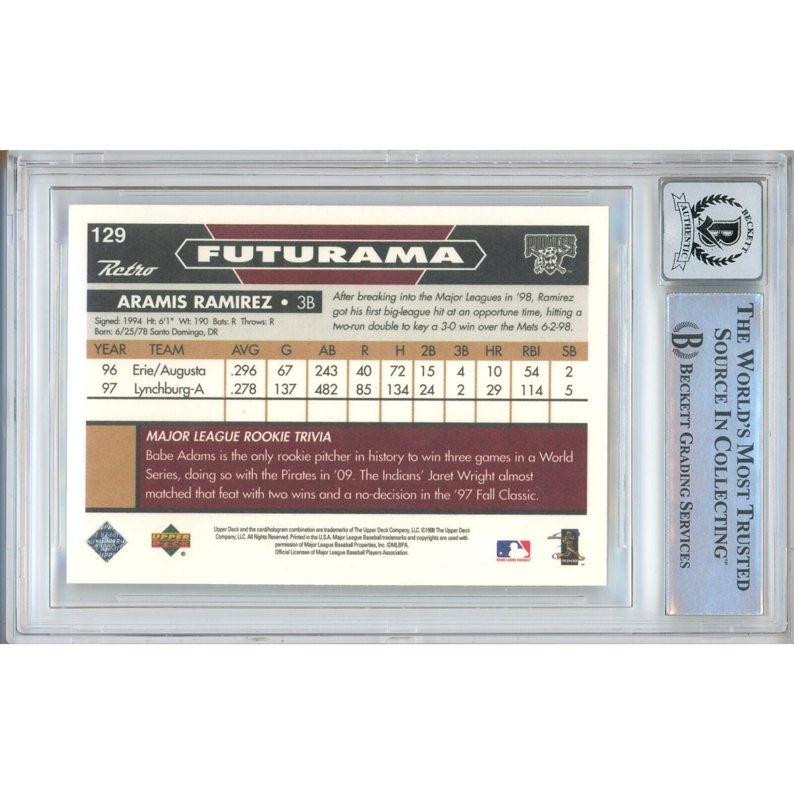 Baseballs- Autographed- Aramis Ramirez Pittsburgh Pirates Signed 1998 Upper Deck Futurama Baseball Card Beckett Authentic BGS Auto-10 Graded Slab Back