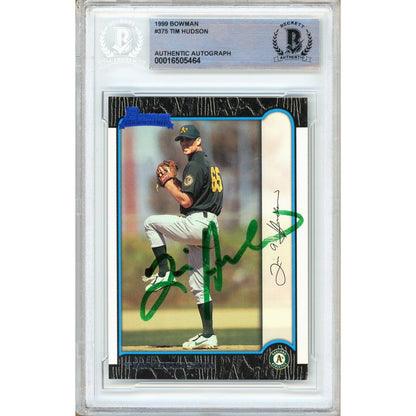 Baseballs- Autographed- Tim Hudson Oakland Athletics Signed 1999 Bowman Rookie Trading Card Beckett Authentic Auto Slab Front