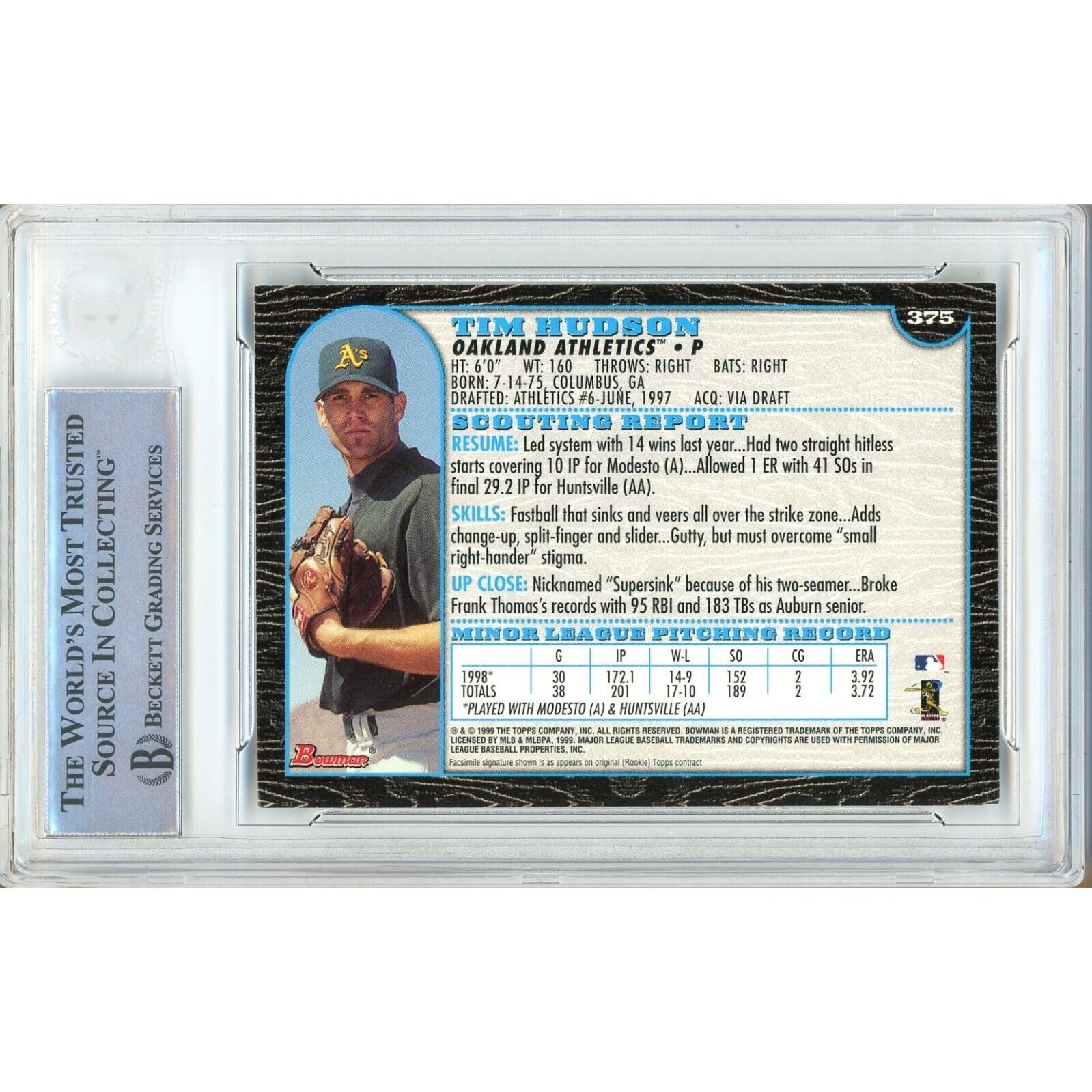 Baseballs- Autographed- Tim Hudson Oakland Athletics Signed 1999 Bowman Rookie Trading Card Beckett Authentic Auto Slab Back