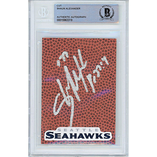 Footballs- Autographed- Shaun Alexander Seattle Seahawks Signed Football Signature Cut Beckett Authentic Auto Slab Front