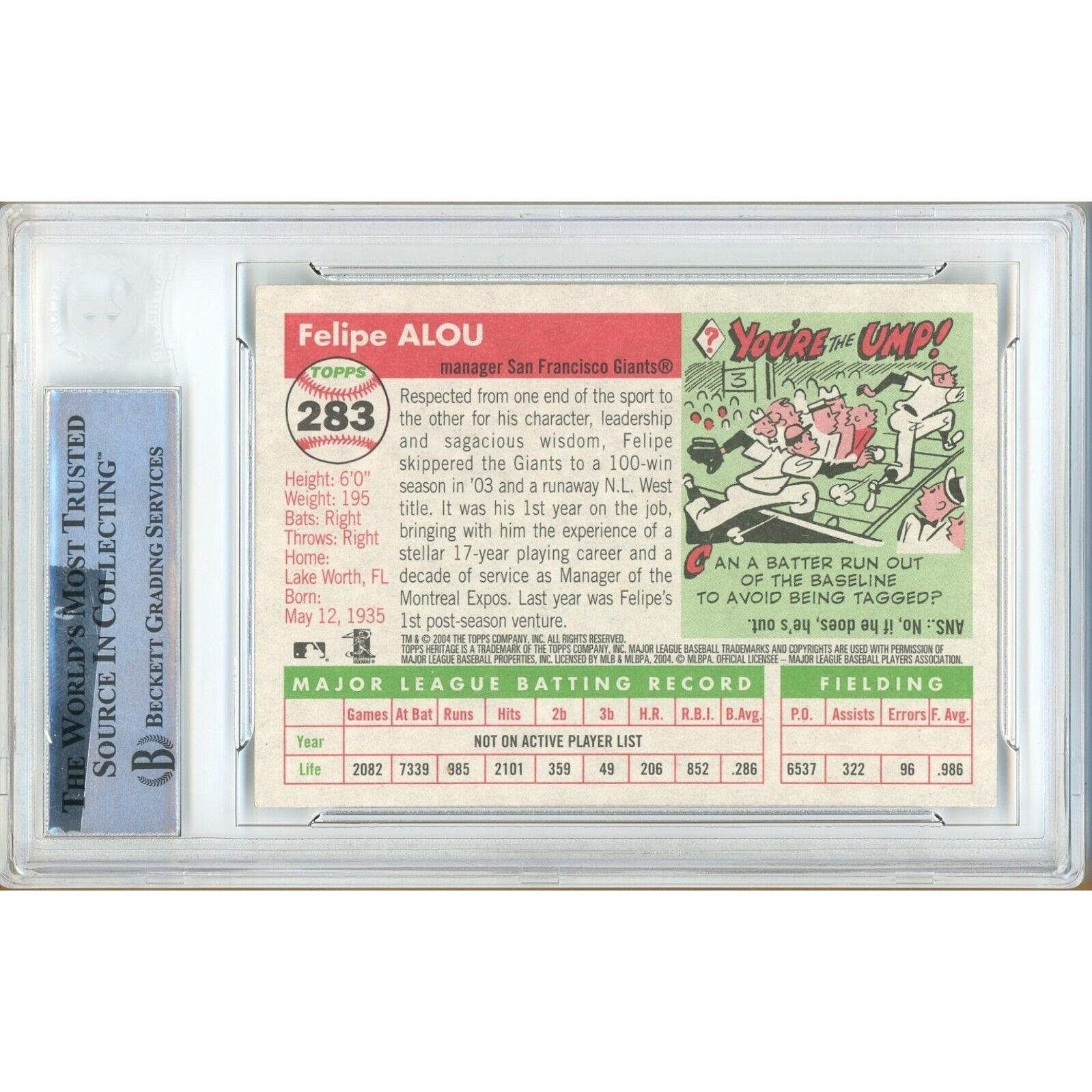 Baseballs- Autographed- Felipe Alou San Francisco Giants Signed 2004 Topps Heritage Baseball Card Beckett Authentic Auto Slab Back