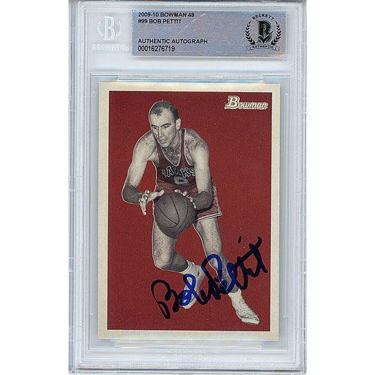 Basketballs- Autographed- Bob Pettit Atlanta Hawks Signed 2009-10 Bowman '48 Basketball Card Beckett Authentic Auto Slab Front