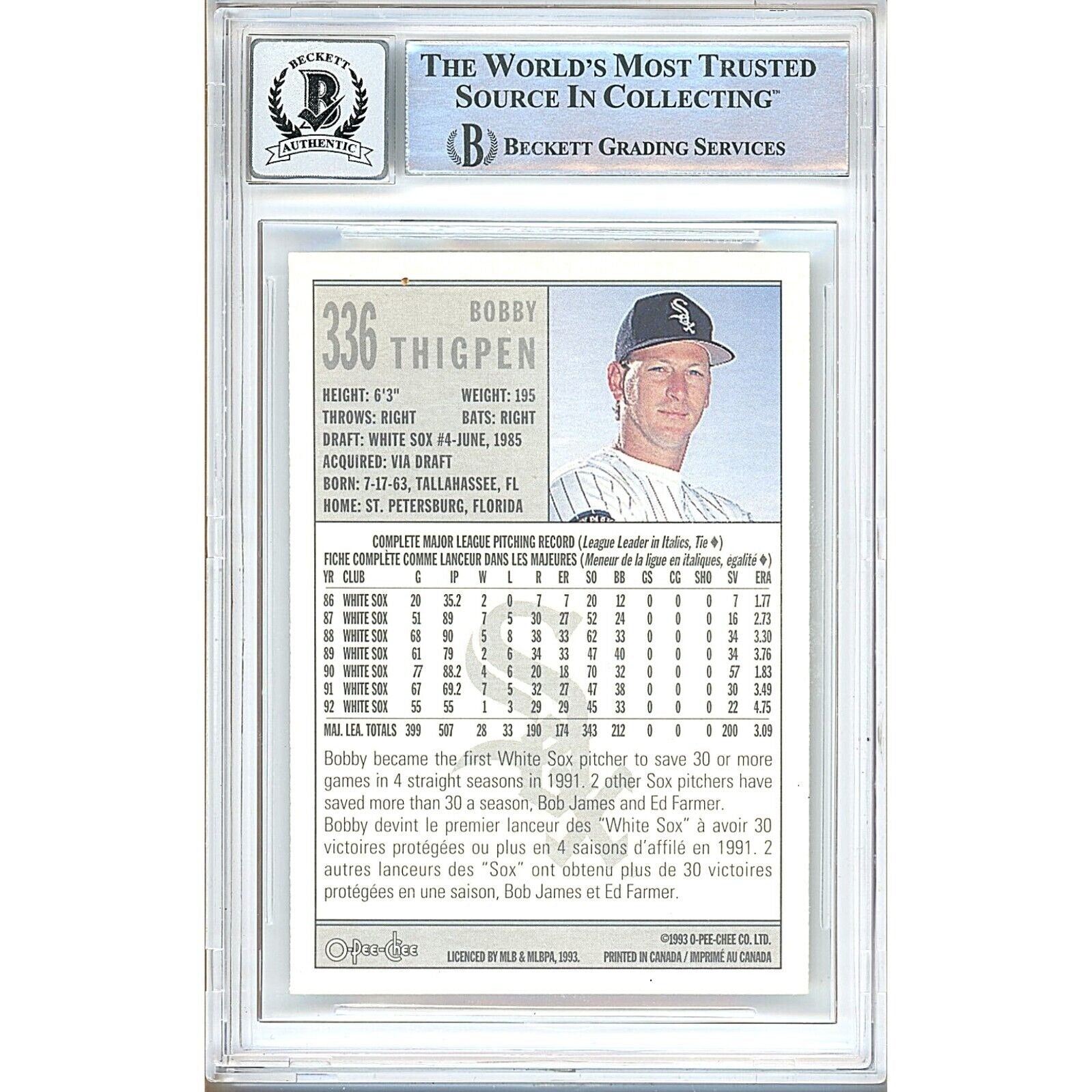 1993 Bobby Thigpen White Sox Signed Trading Card – Beckett BAS