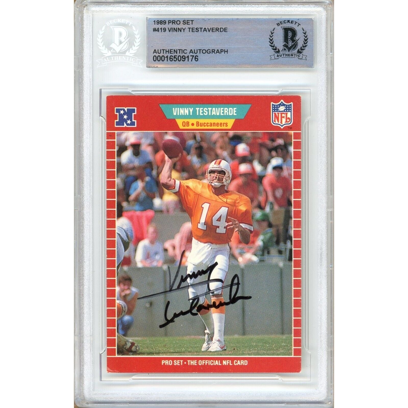 Footballs- Autographed- Vinny Testaverde Tampa Bay Buccaneers Signed 1989 Pro Set Trading Card Beckett Authentic Auto Slab Front