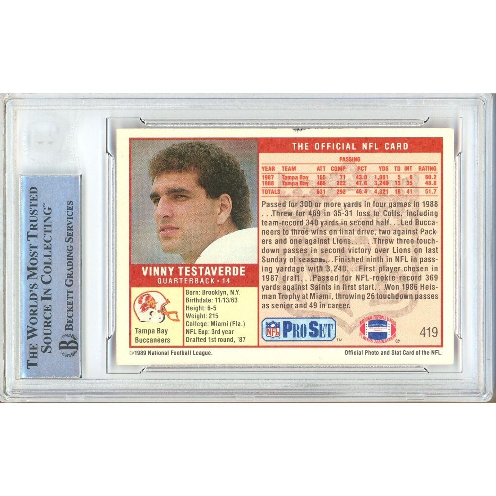 Footballs- Autographed- Vinny Testaverde Tampa Bay Buccaneers Signed 1989 Pro Set Trading Card Beckett Authentic Auto Slab Back