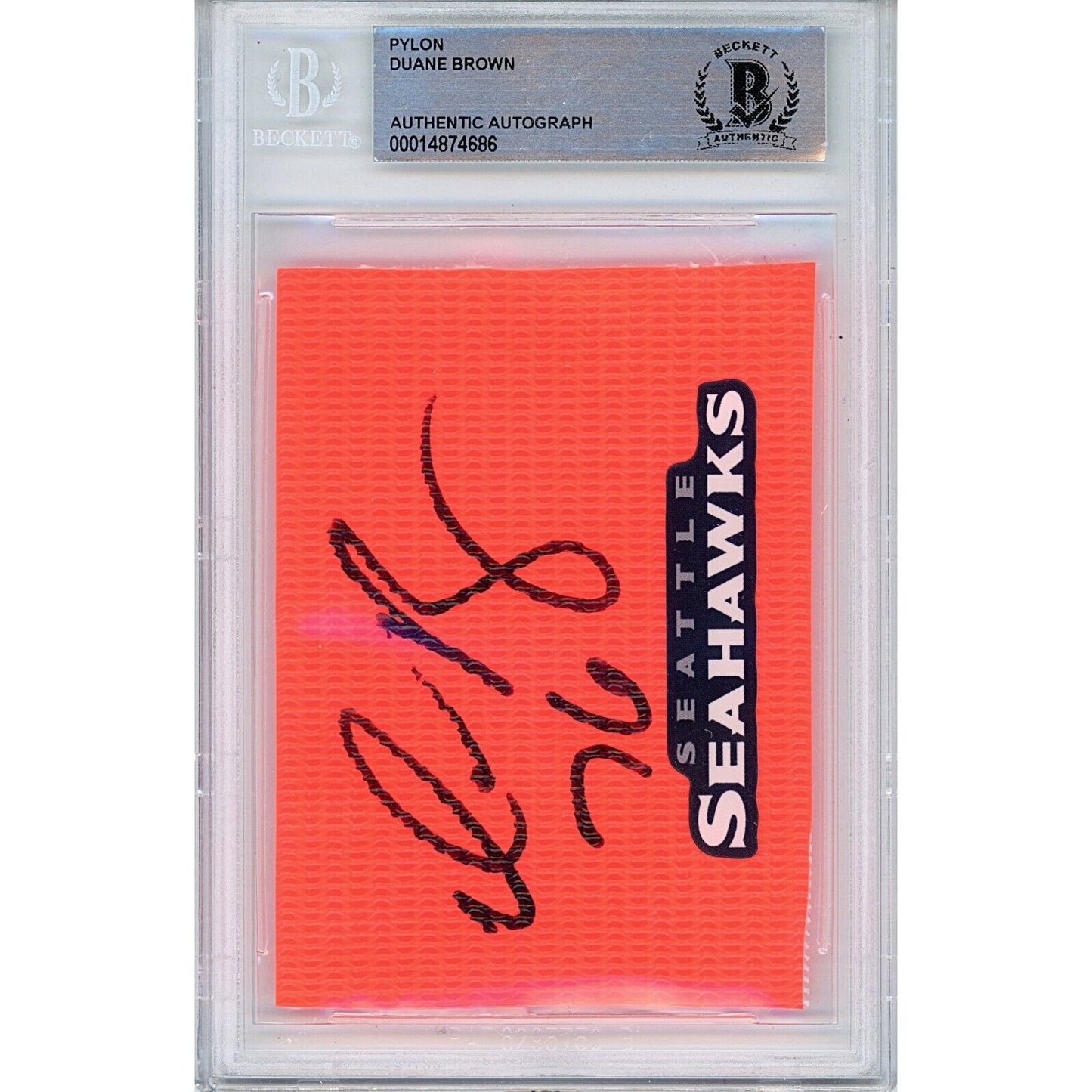 Footballs- Autographed- Duane Brown Seattle Seahawks Signed Football End Zone Pylon Auto Cut Beckett Authenticated Slab Front