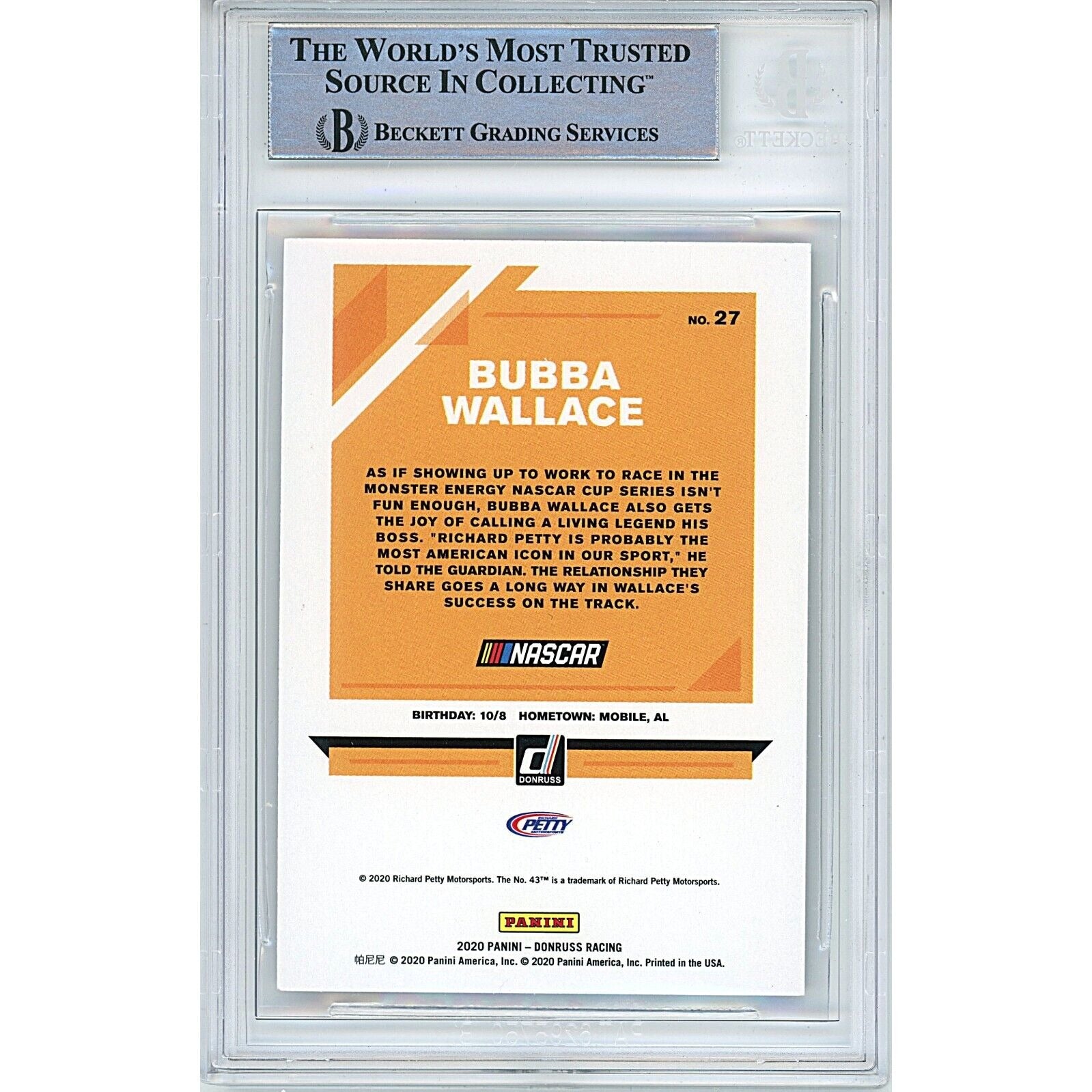 Nascar- Autographed- Bubba Wallace Nascar Signed 2020 Donruss Auto Racing Card Beckett Authentic Slab Back