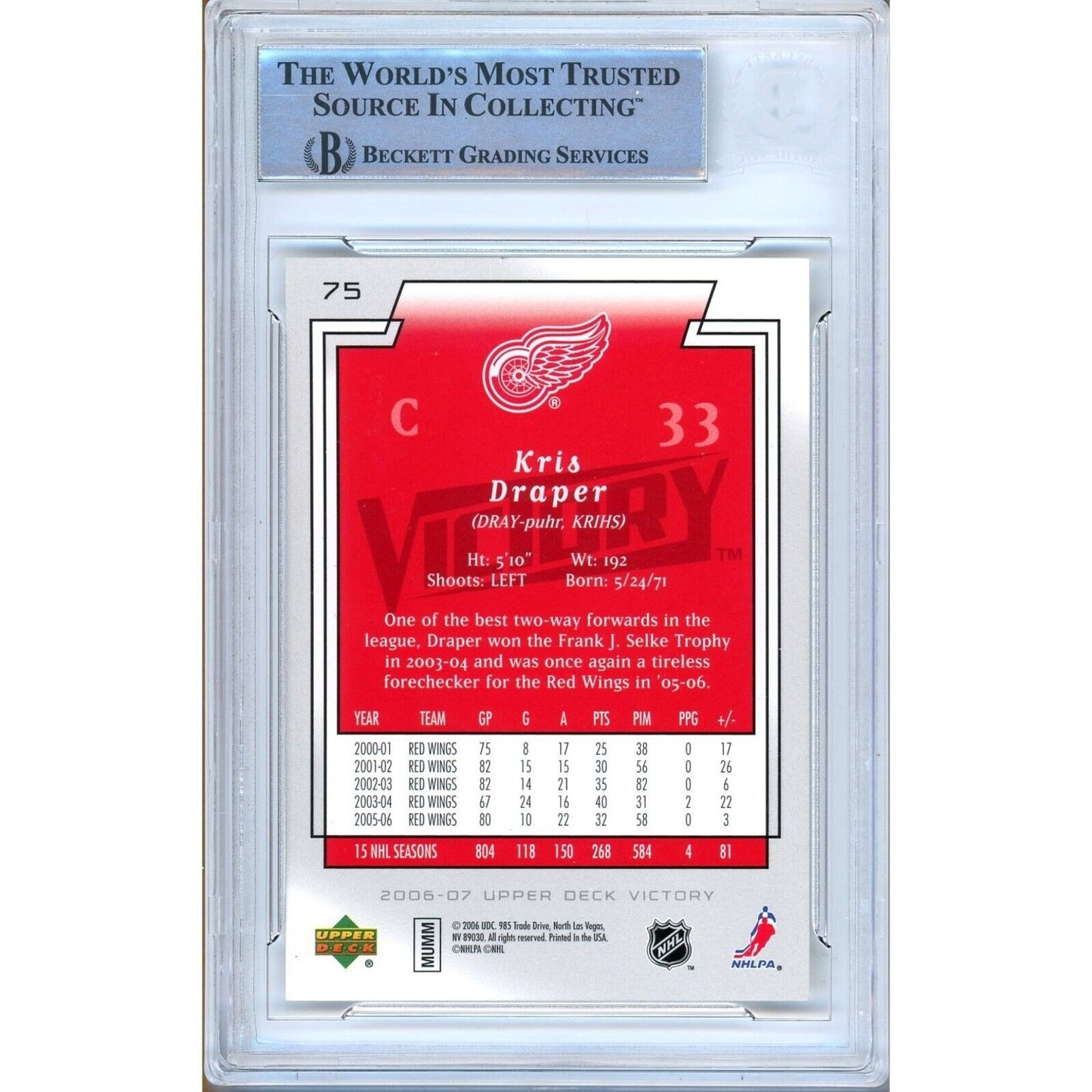 Hockey- Autographed- Kris Draper Detroit Red Wings Signed 2006-07 Upper Deck Hockey Card Beckett Authentic Auto Slab Back