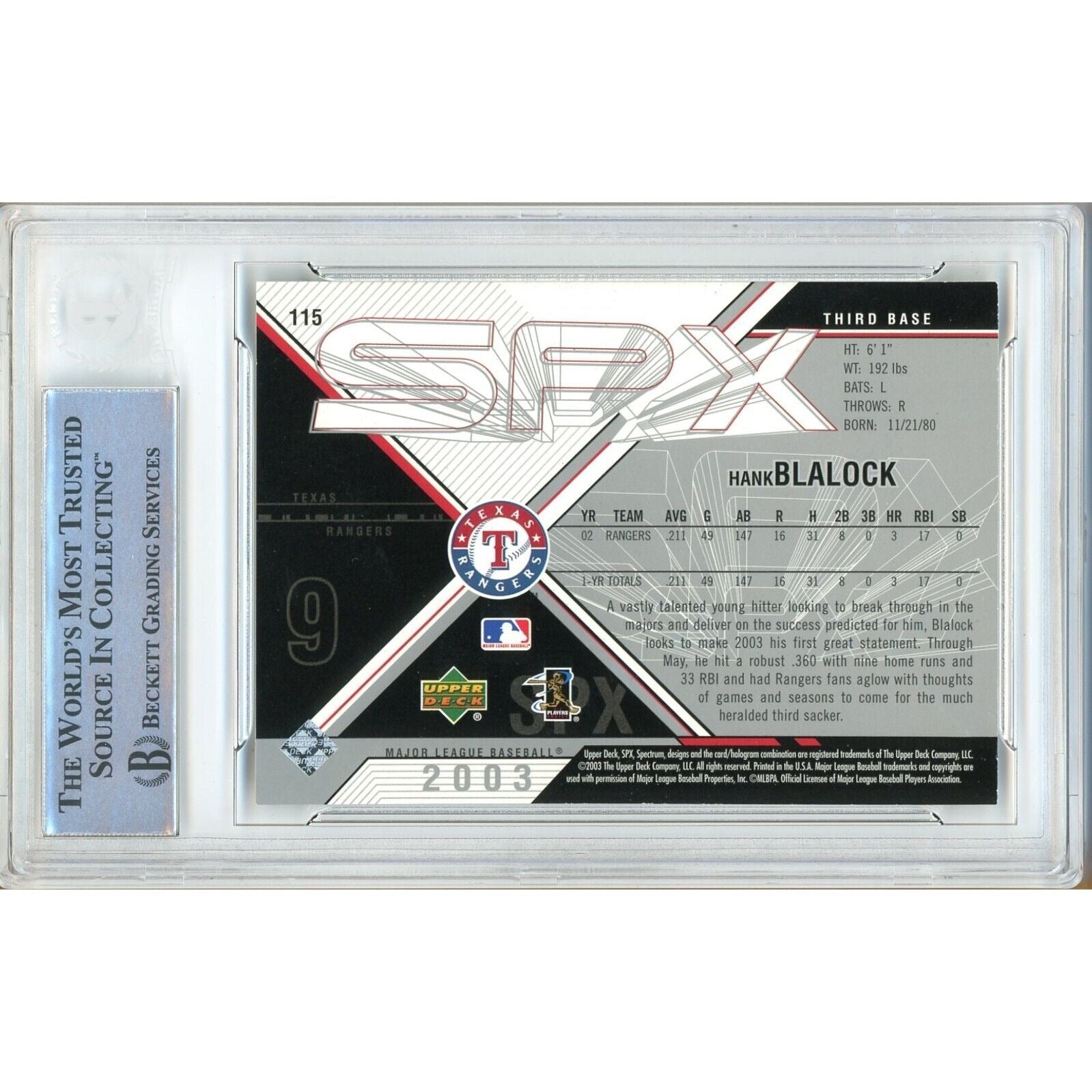 Hank Blalock Texas Rangers auto trading card – authentication sticker – Beckett COA