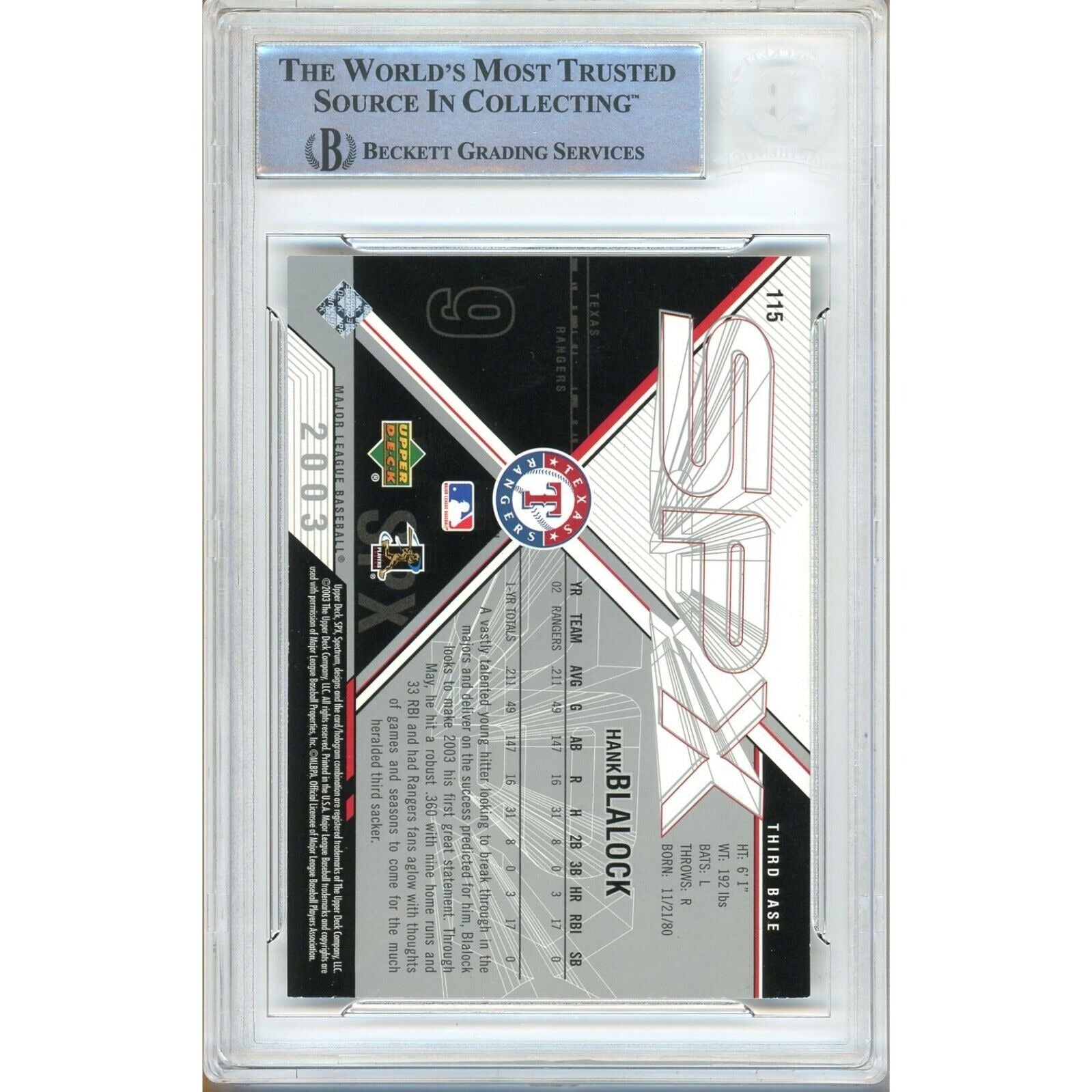 Hank Blalock Texas Rangers trading card autograph – angled display – Beckett COA