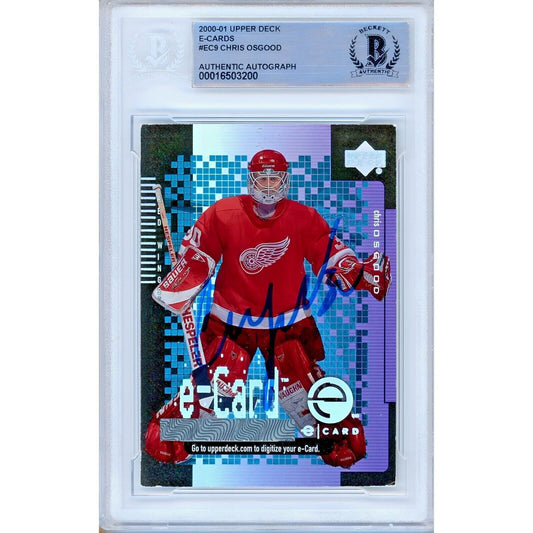 Hockey- Autographed- Chris Osgood Detroit Red Wings Signed 2000-01 Upper Deck E-Card Trading Card Beckett Authentic Auto Slab Front