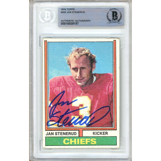 Footballs- Autographed- Jan Stenerud Kansas City Chiefs Signed 1974 Topps Football Card Beckett Authentic Auto Slab Front