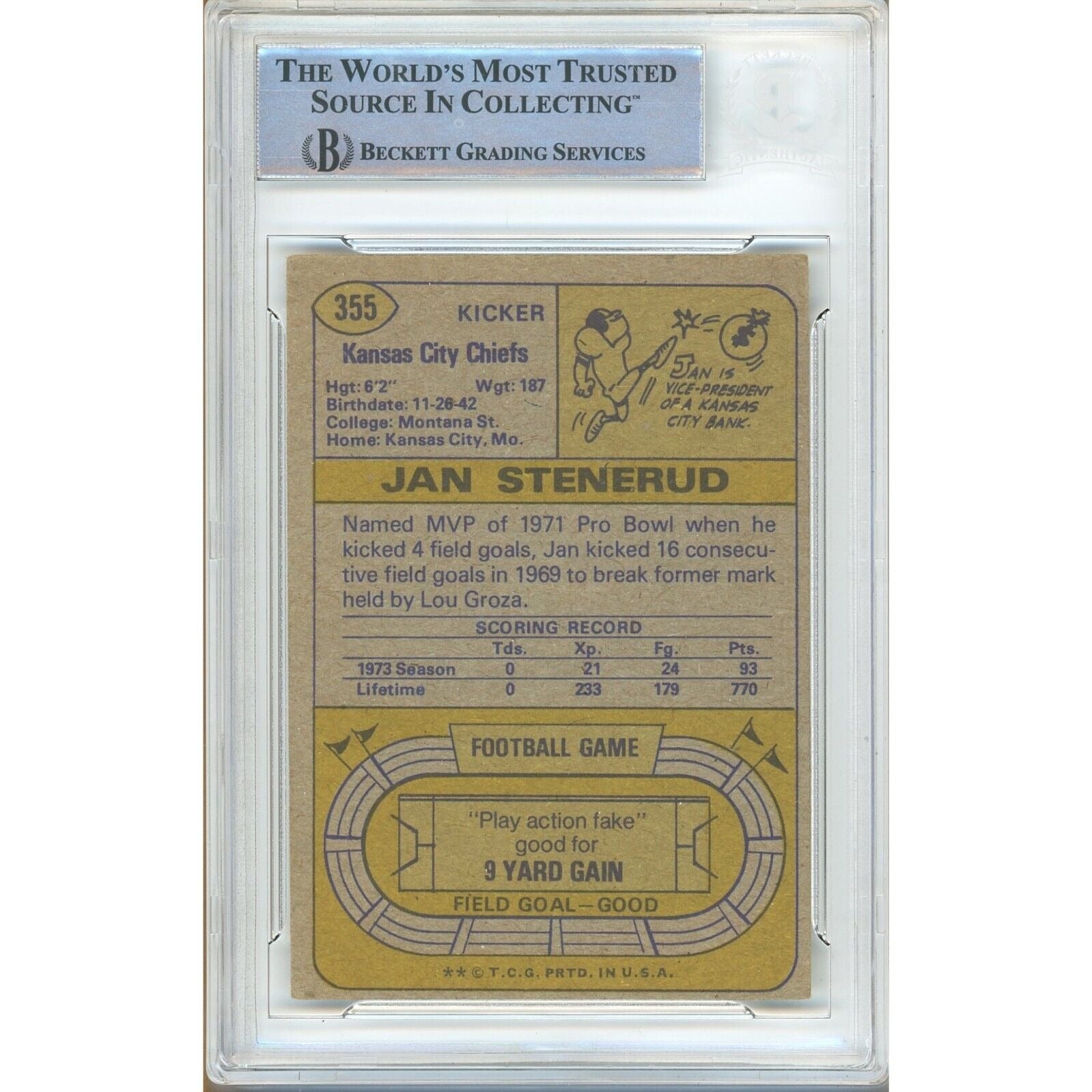 Jan Stenerud Kansas City Chiefs signed trading card – signature close-up – Beckett COA