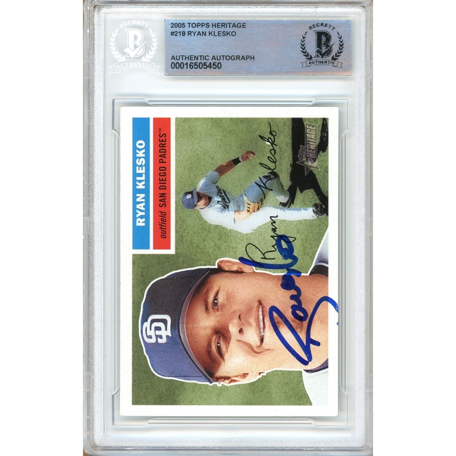 Baseballs- Autographed- Ryan Klesko SD Padres Signed 2005 Topps Heritage Trading Card Beckett Authentic Auto Slab Front