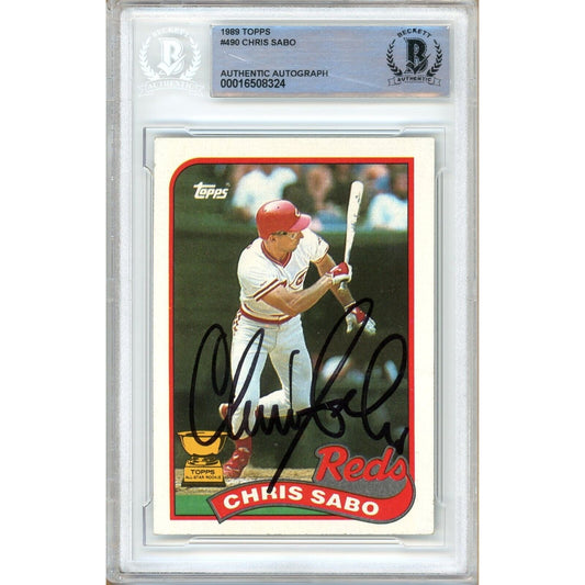 Baseballs- Autographed- Chris Sabo Cincinnati Reds Signed 1989 Topps Trading Card Beckett Authentic Auto Slab Front