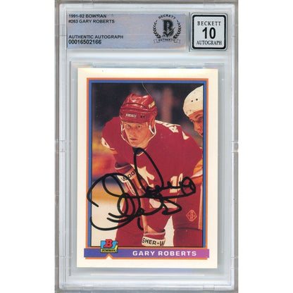 Hockey- Autographed- Gary Roberts Calgary Flames Signed 1991-92 Bowman Hockey Card Beckett Authentic BGS Auto-10 Graded Slab Front