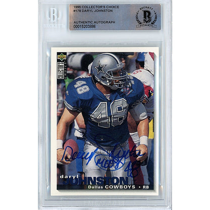 Footballs- Autographed- Daryl Moose Johnston Dallas Cowboys Signed 1995 Collectors Choice Football Card Beckett Authentic Auto Slab Front