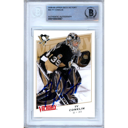 Hockey- Autographed- Ty Conklin Pittsburgh Penguins Signed 2008-09 Upper Deck Victory Trading Card Beckett Authentic Auto Slab Front