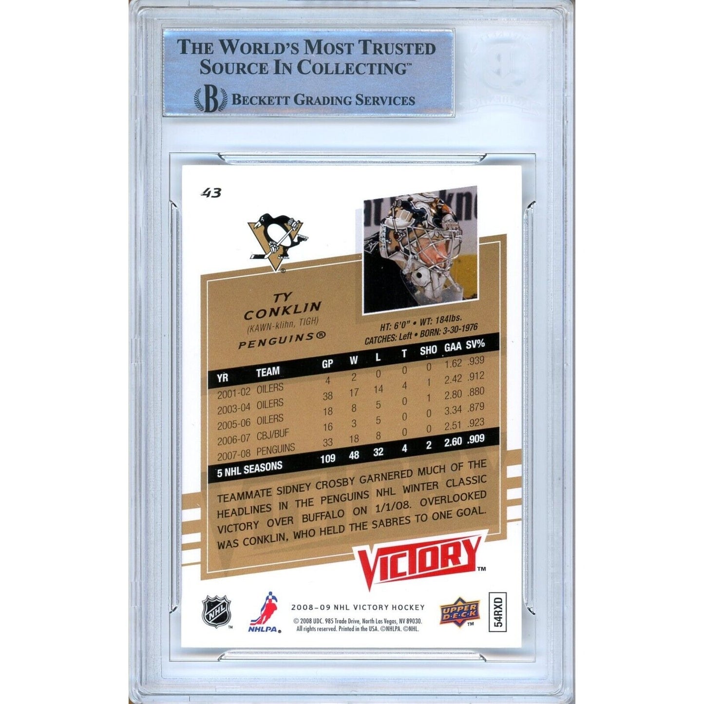 Hockey- Autographed- Ty Conklin Pittsburgh Penguins Signed 2008-09 Upper Deck Victory Trading Card Beckett Authentic Auto Slab Back