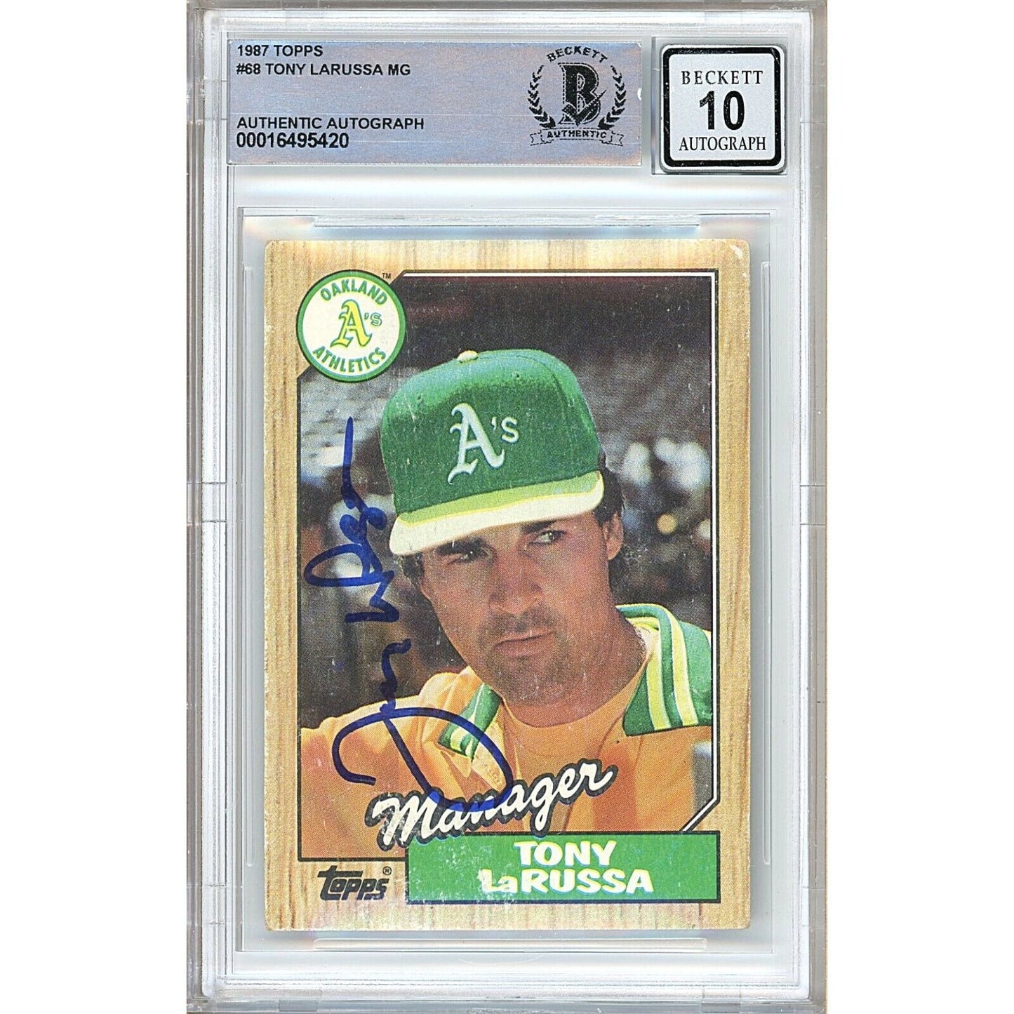 Baseballs- Autographed- Tony LaRussa Oakland Athletics Signed 1987 Topps Trading Card Beckett Authentic BGS Auto-10 Graded Slab Front