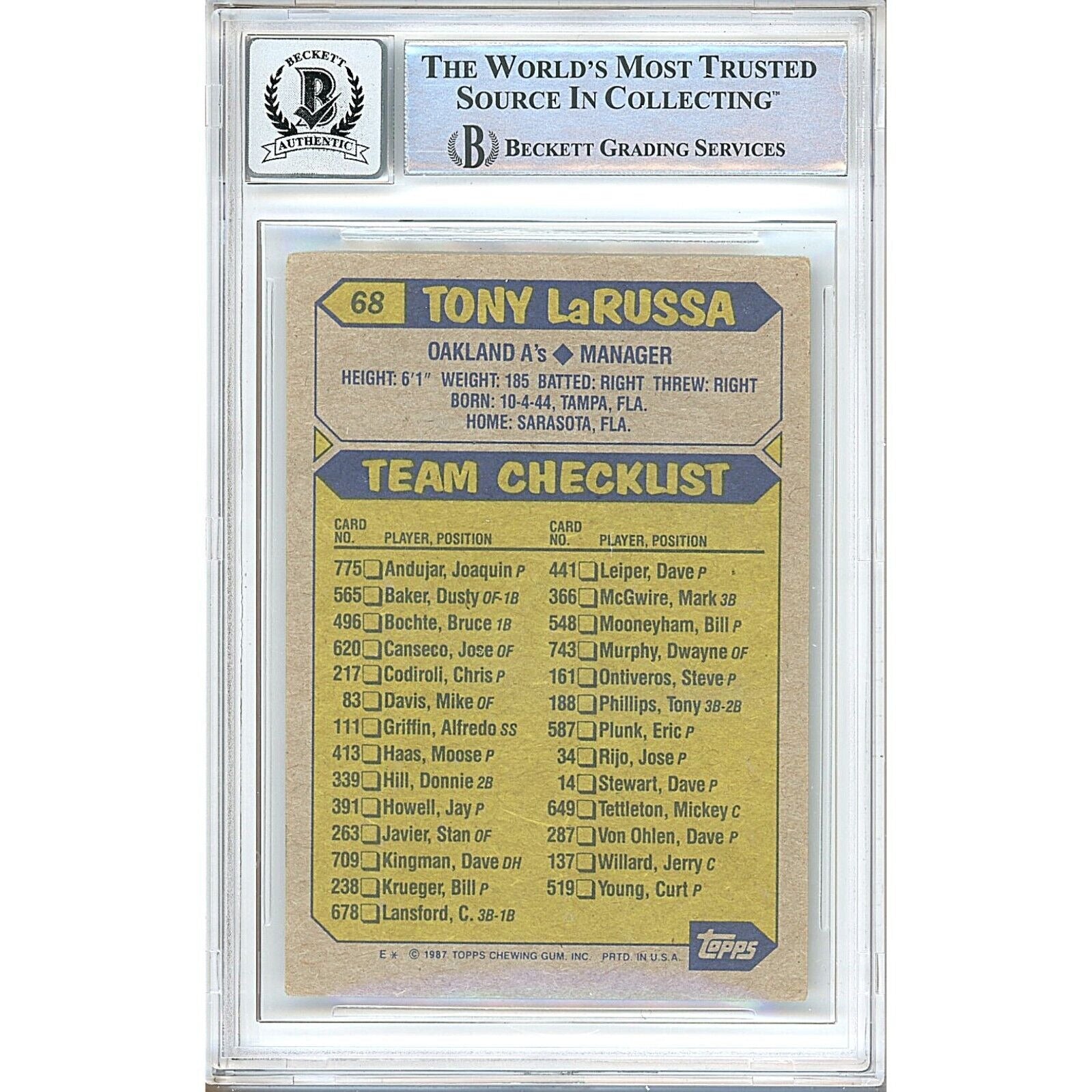Tony LaRussa Oakland Athletics signed trading card – signature close-up – Beckett COA