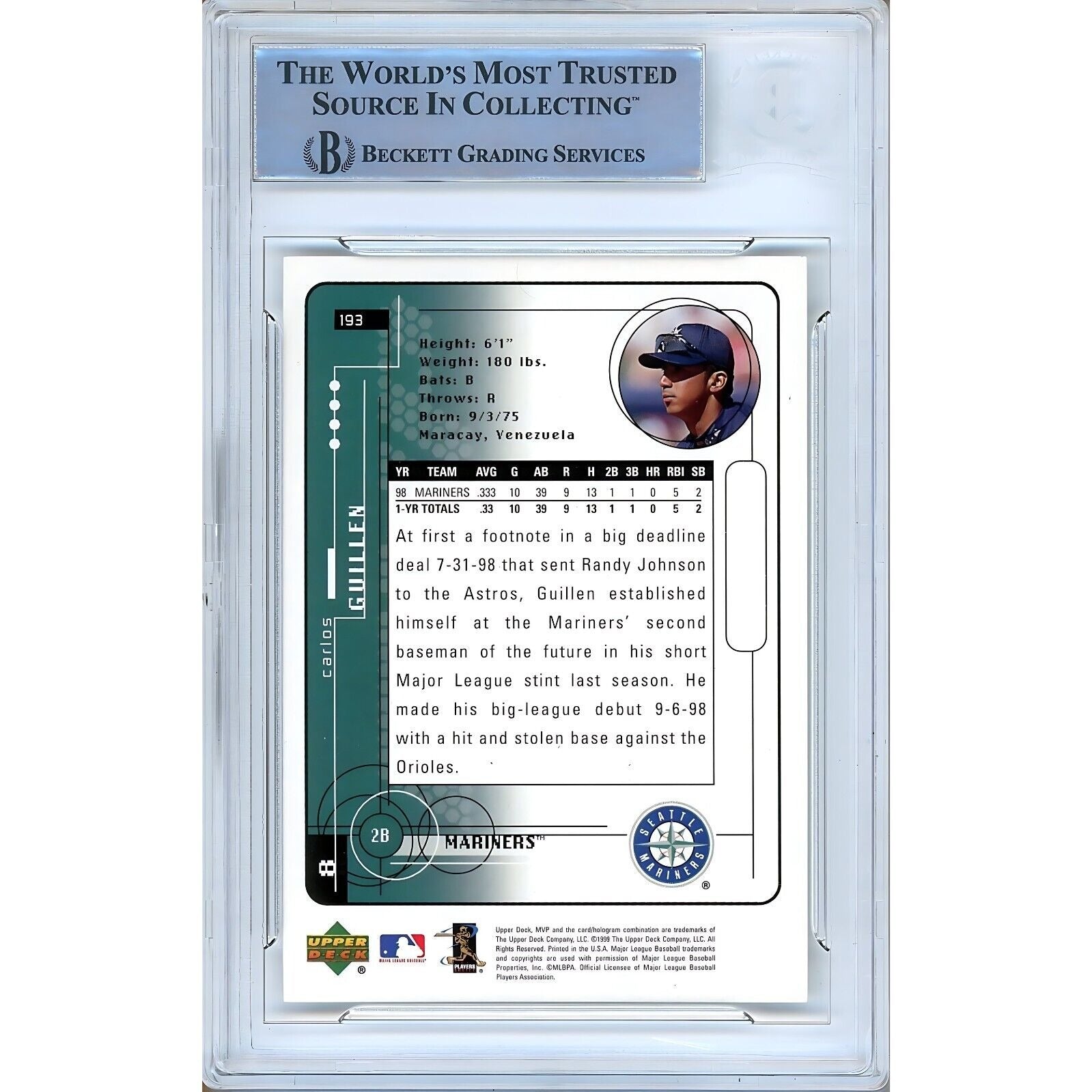 Baseballs- Autographed- Carlos Guillen Seattle Mariners Signed 1999 Upper Deck MVP Baseball Card Beckett Authentic Auto Slab Back