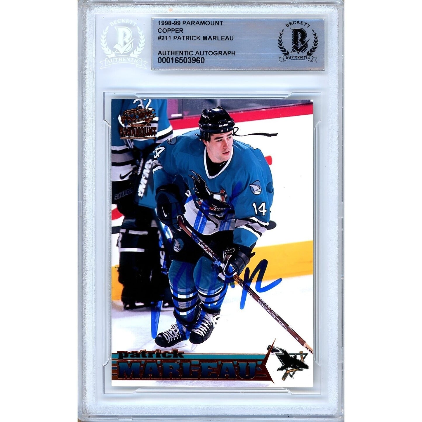 Hockey- Autographed- Patrick Marleau San Jose Sharks Signed 1998-99 Paramount Copper Rookie Hockey Card Beckett Authentic Auto Slab Front