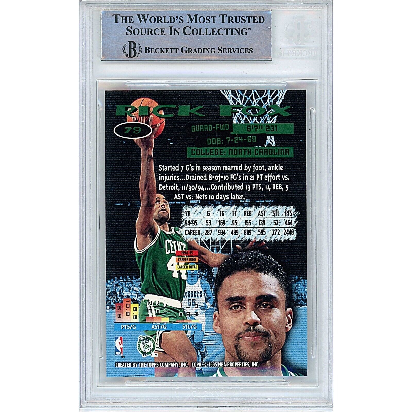 Basketballs- Autographed- Rick Fox Boston Celtics Signed 1995-96 Topps Stadium Club Basketball Card Beckett Authentic Auto Slab Back